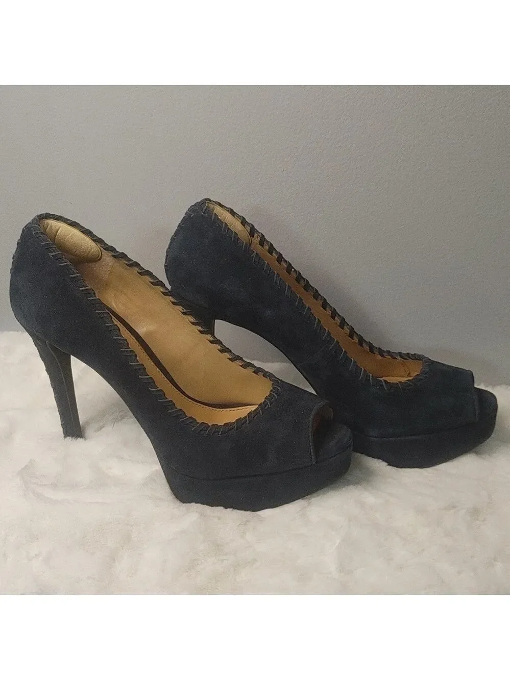Antonio Melani Blue Suede Leather Peeptoe Platform Pumps sz 8 (heel pad)